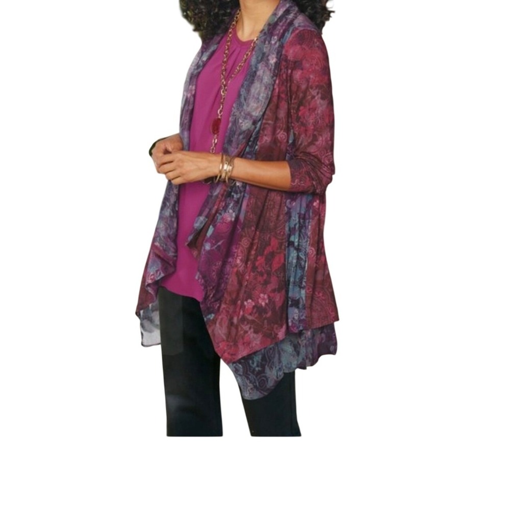 Soft Surroundings Womens Large Paisley Floral Open Front Cardigan Plum 2EQ65